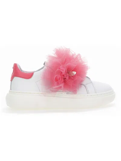 Monnalisa Kids'   Nappa Leather And Tulle Sneakers In White + Cherry Red