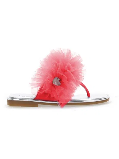 Monnalisa Kids'   Nappa Leather Thong Sandals With Tulle Ruffle In Fuchsia
