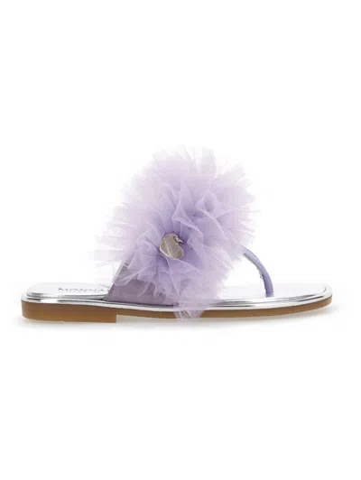 Monnalisa Kids'   Nappa Leather Thong Sandals With Tulle Ruffle In Wisteria
