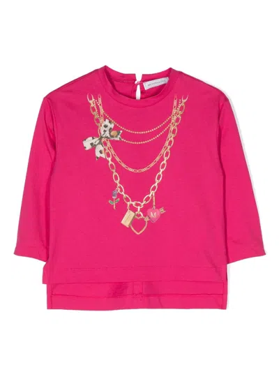 Monnalisa Kids' Necklace-print Long-sleeve T-shirt In Pink