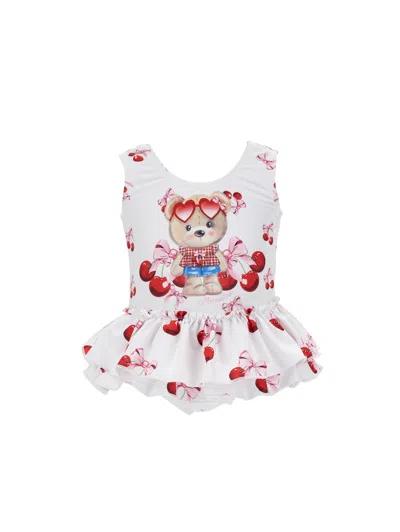 Monnalisa Kids'   One-piece Swimsuit With Teddy Bear In White + Rosa Fairytale