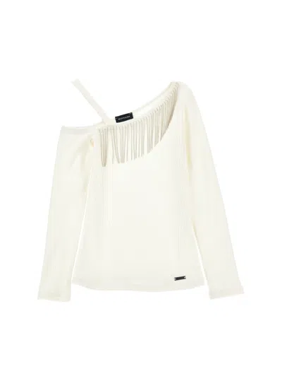 Monnalisa Kids' Fringed Asymmetric Ribbed T-shirt In Neutrals
