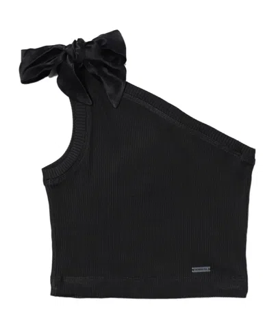 Monnalisa One-shoulder Ribbed Top In Black