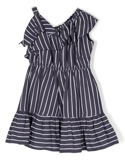 Monnalisa Kids' One-shoulder Striped Dress In Blue + White