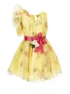 Monnalisa One Shoulder Tulle Dress In Light Yellow + Multicolour