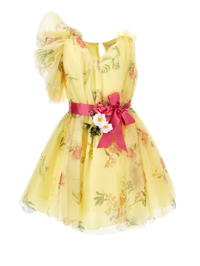 Monnalisa Kids'   One Shoulder Tulle Dress In Light Yellow + Multicolour