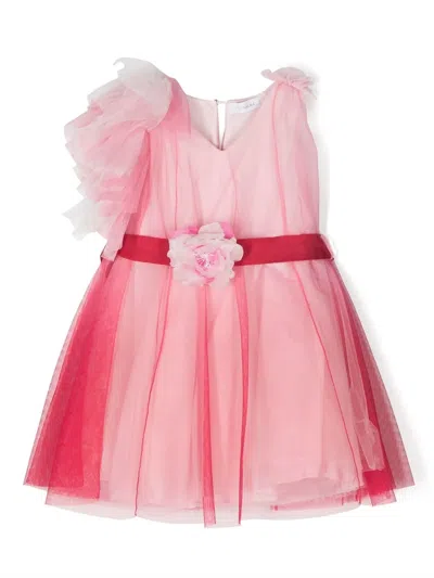 Monnalisa Kids' One-shoulder Tulle Dress In Cream + Fuchsia