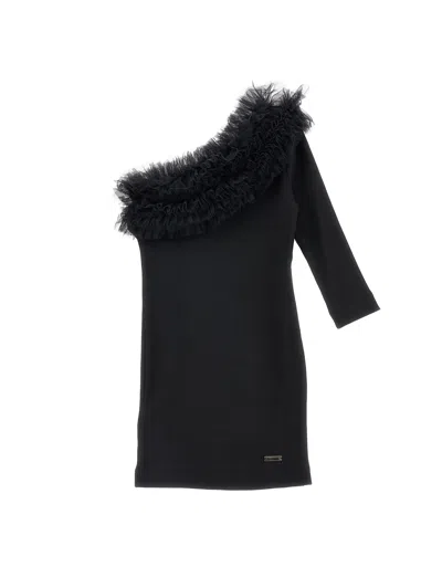 Monnalisa Kids'   One-shoulder Viscose Dress In Black