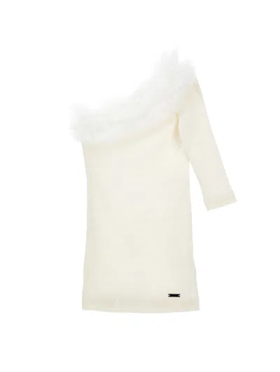Monnalisa Kids'   One-shoulder Viscose Dress In Cream