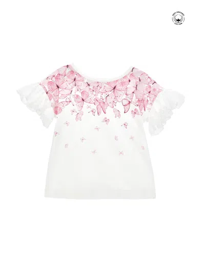 Monnalisa Kids'   Organic Cotton Butterflies T-shirt In Cream + Pink