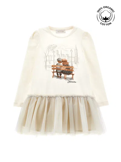 Monnalisa Kids'   Organic Cotton Dress With Tulle In Ecru
