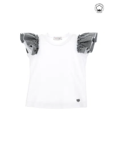 Monnalisa Kids'   Organic Cotton T-shirt With Flounces In White + Black