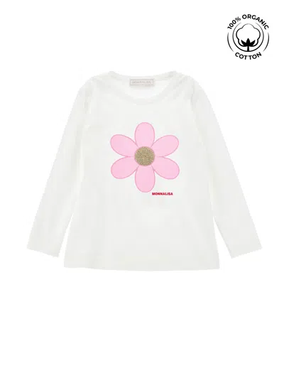 Monnalisa Kids'   Organic Cotton T-shirt With Glitter In Cream