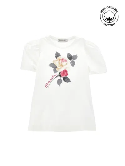 Monnalisa Kids'   Organic Cotton T-shirt With Rose In Cream
