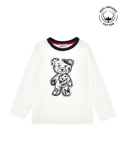 Monnalisa Kids'   Organic Cotton T-shirt With Teddy Bear In Cream + Black