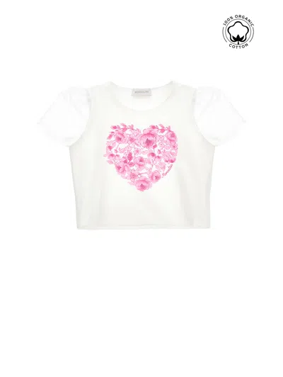 Monnalisa Kids'   Organic Cotton T-shirt With Tulle Sleeves In Cream + Sachet Pink