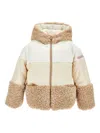Monnalisa Patchwork Down Jacket With Zip And Hood In Neutral