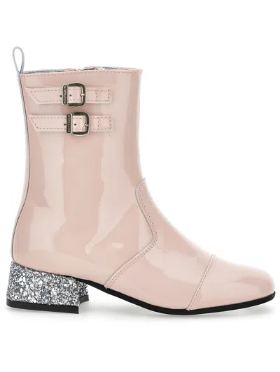 Monnalisa Babies'   Patent Leather Ankle Boots With Glam In Dusty Pink Rose