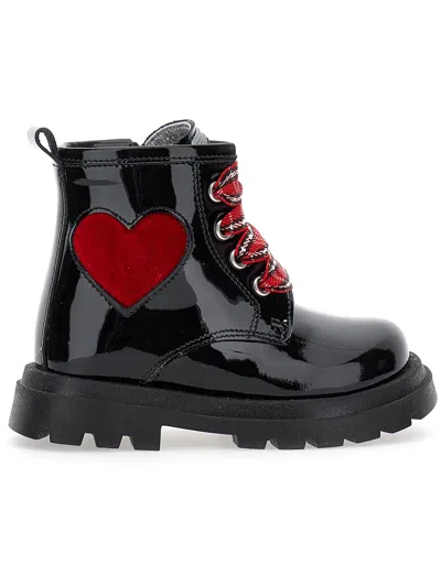 Monnalisa Kids'   Patent Leather Combat Boots With Heart In Black