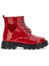 Monnalisa Patent Leather Combat Boots With Heart In Ruby Red