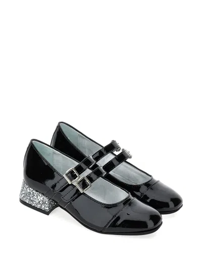 Monnalisa Kids' Patent-leather Glitter-heel Ballerina Shoes In Black