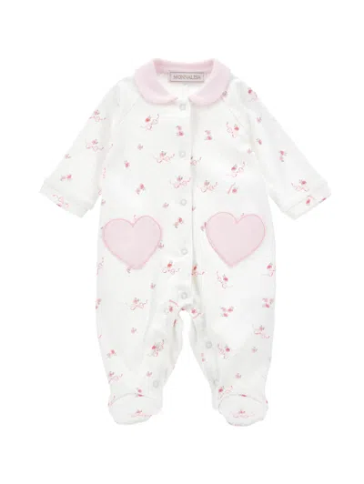 Monnalisa Kids' Cotton Printed-all-in-one (1-9 Months) In Cream + Pink