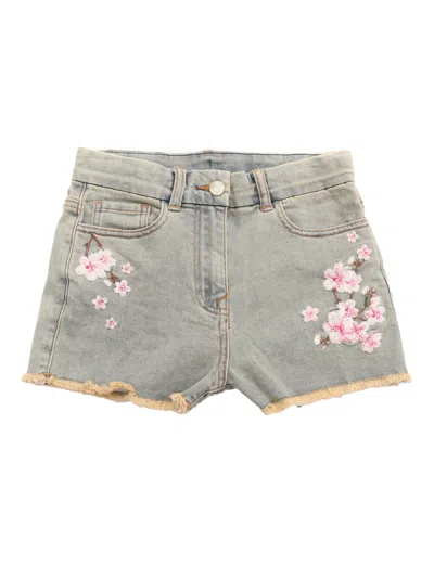 Monnalisa Kids' Peach Blossom Printed Denim Shorts In Grey