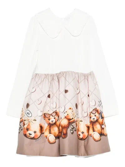Monnalisa Kids' Peter Pan Collar Teddy-print Dress In White