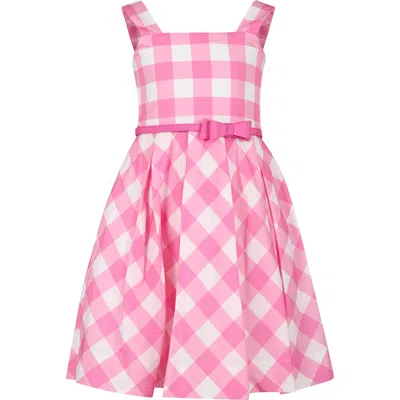 Monnalisa Kids' Pink Dress For Girl With Bow And Vichy Print In Fuxia