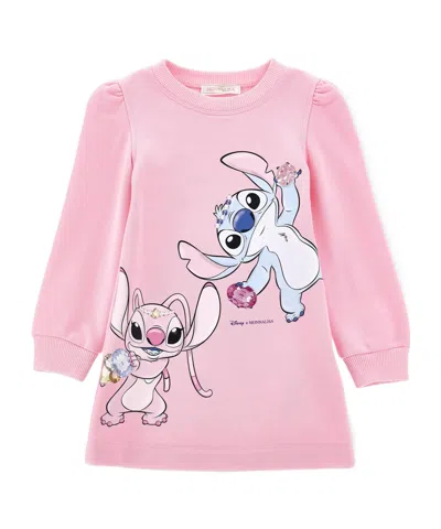 Monnalisa Pink Dress For Girl With Stitch Print
