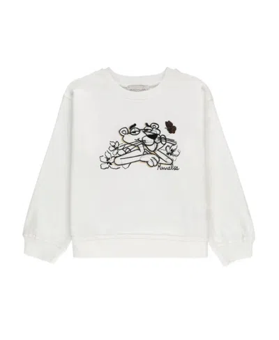 Monnalisa Pink Panther-embroidered Cotton Sweatshirt In White