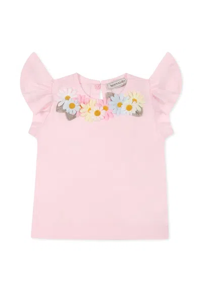 Monnalisa Pink T-shirt For Baby Girl With Daises