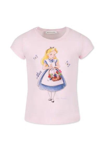 Monnalisa Kids' Pink T-shirt For Girl With Alice In Wonderland