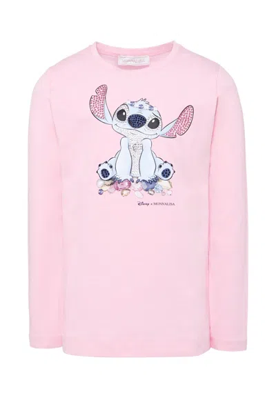 Monnalisa Kids' Pink T-shirt For Girl With Stitch Print In Blue