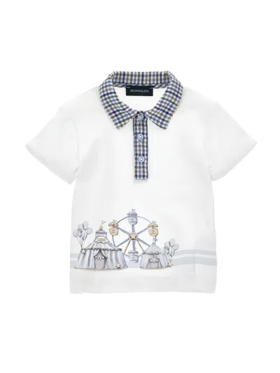 Monnalisa Kids'   Piqué Polo Shirt With Check Collar In Cream