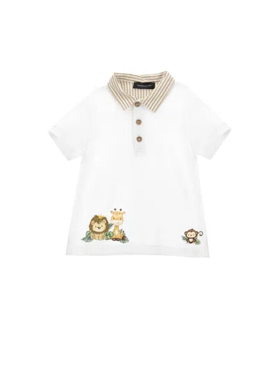 Monnalisa Kids'   Piqué Polo Shirt With Little Animals In White + Ecru