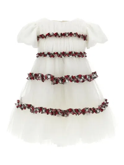MONNALISA PLAID-TRIMMED RUFFLED PARTY DRESS
