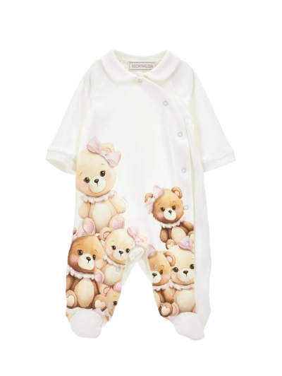 Monnalisa Playsuit With Teddy Bear Collar In Cream + Pink