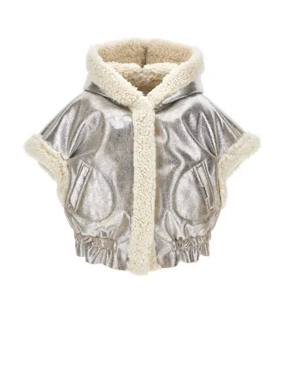 Monnalisa Plush And Coated Fabric Cape In Silver