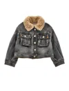 Monnalisa Plush Collar Denim Jacket In Black