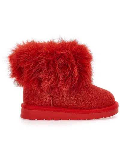 Monnalisa Kids'   Plush Glitter Ankle Boots In Ruby Red