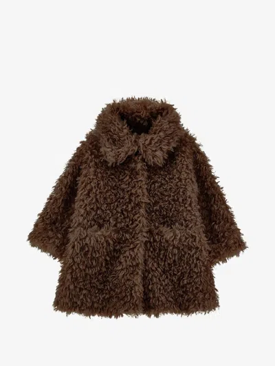 Monnalisa Plush Jacket For Girls With Classic Collar In Marrone