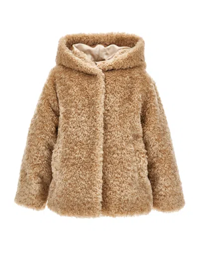 Monnalisa Kids'   Plush Jacket With Hood In Beige
