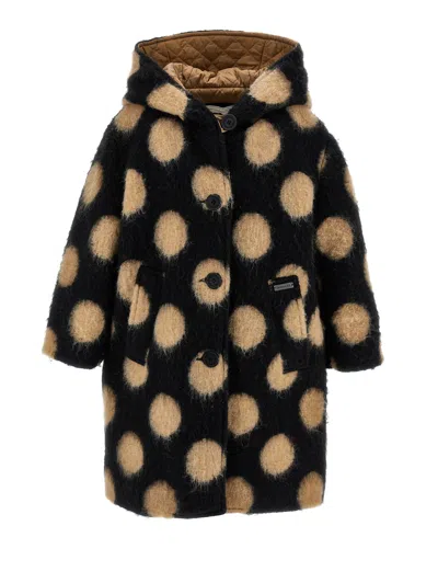 Monnalisa Kids'   Polka Dot Boiled Wool Coat In Black + Beige