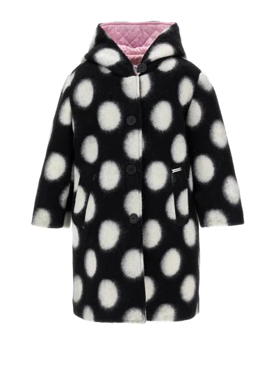 Monnalisa Kids'   Polka Dot Boiled Wool Coat In Black + Cream