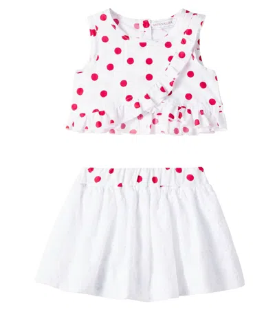 Monnalisa Polka-dot Cotton Top And Skirt Set In White