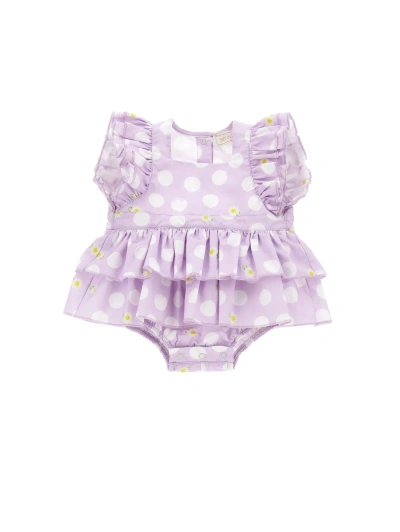 Monnalisa Kids'   Polka Dot Poplin Romper In Wisteria  + White