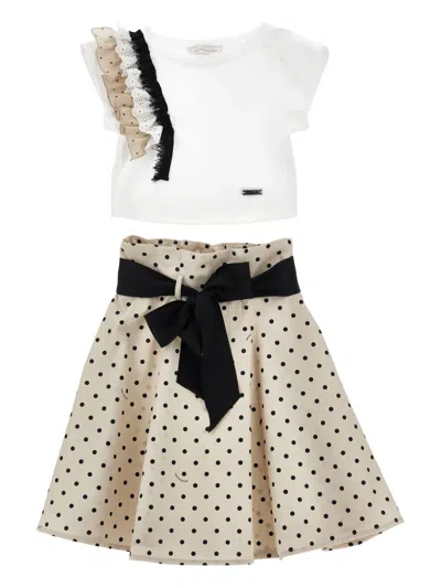Monnalisa Kids' Polka-bot Belted Skirt Set In Neutral