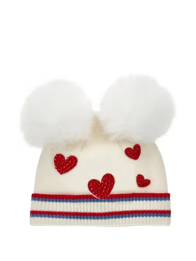 Monnalisa Kids' Pom-pom Heart-embellished Beanie In White