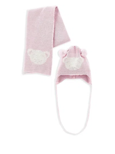 Monnalisa Babies' Pompom-detail Knitted Hat Set In Pink